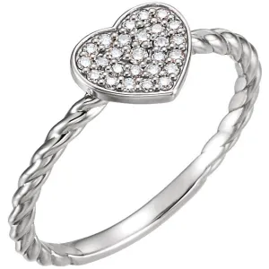Sterling Silver 1/8 CTW Diamond Heart Rope Ring, Size 7