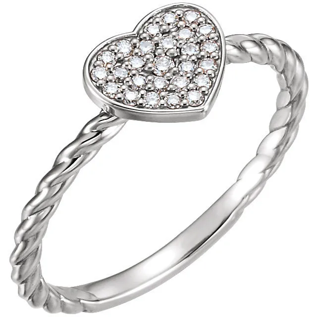Sterling Silver 1/8 CTW Diamond Heart Rope Ring, Size 7