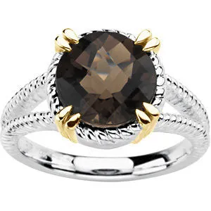 Sterling Silver & 14k Yellow Gold Checkerboard Smoky Quartz Rope Design Ring, Size 7