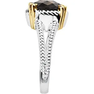 Sterling Silver & 14k Yellow Gold Checkerboard Smoky Quartz Rope Design Ring, Size 7