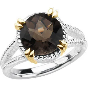 Sterling Silver & 14k Yellow Gold Checkerboard Smoky Quartz Rope Design Ring, Size 7