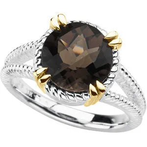 Sterling Silver & 14k Yellow Gold Checkerboard Smoky Quartz Rope Design Ring, Size 7