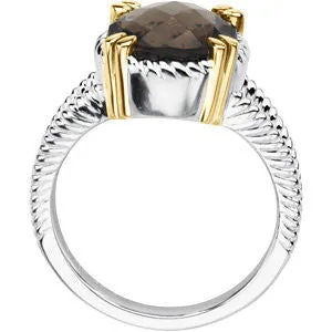 Sterling Silver & 14k Yellow Gold Checkerboard Smoky Quartz Rope Design Ring, Size 7