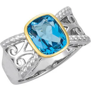 Sterling Silver & 14k Yellow Gold Swiss Blue Topaz Rope Design Ring, Size 7