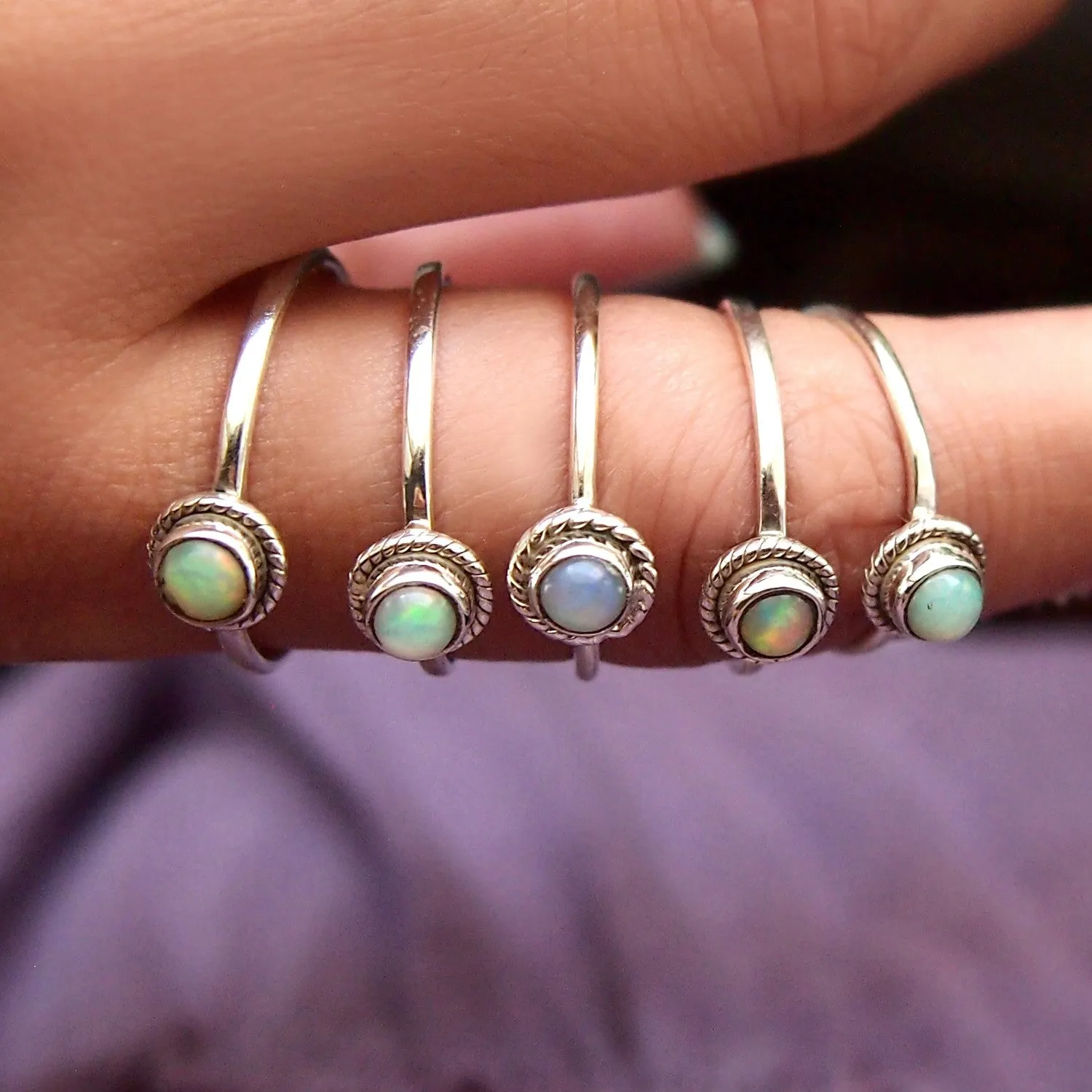 Sterling Silver Boho Opal Ring Set