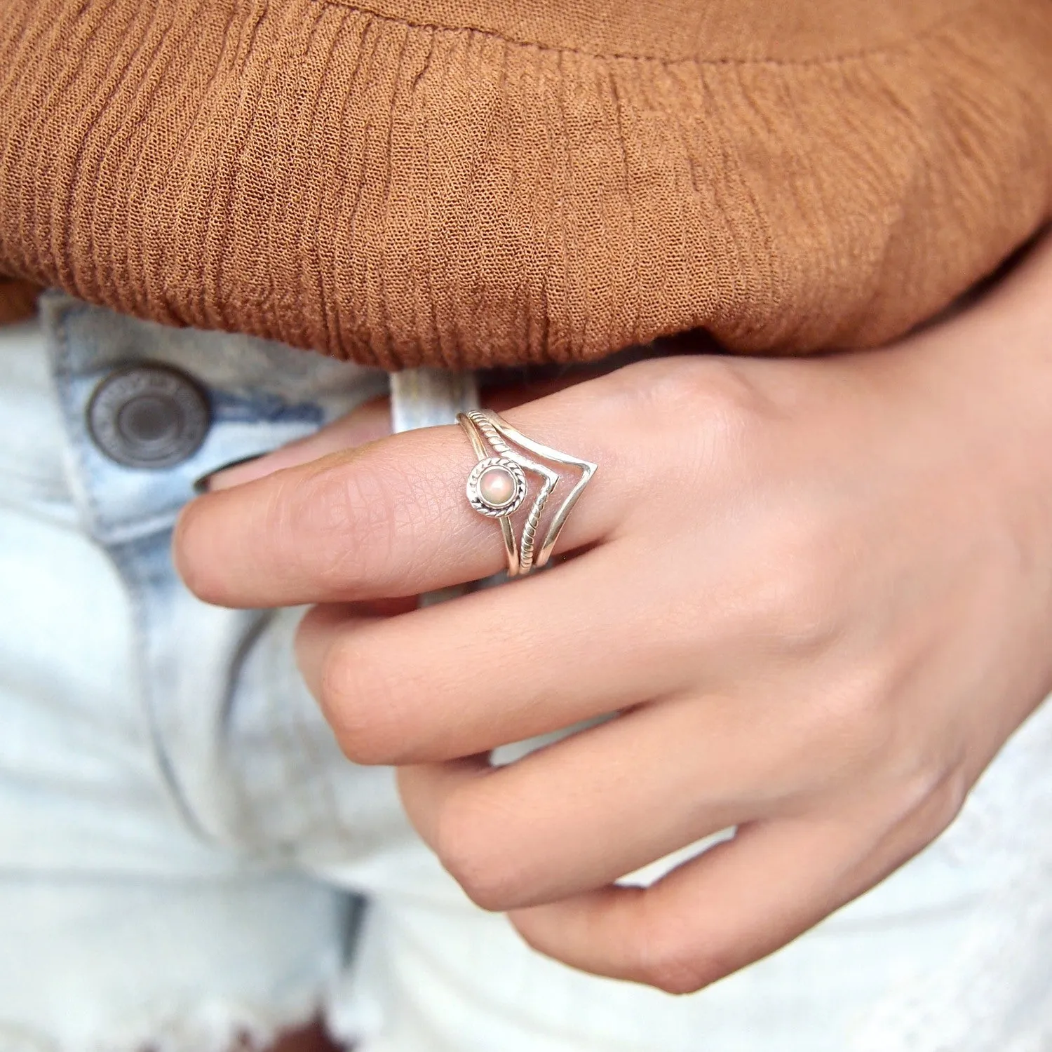 Sterling Silver Boho Opal Ring Set