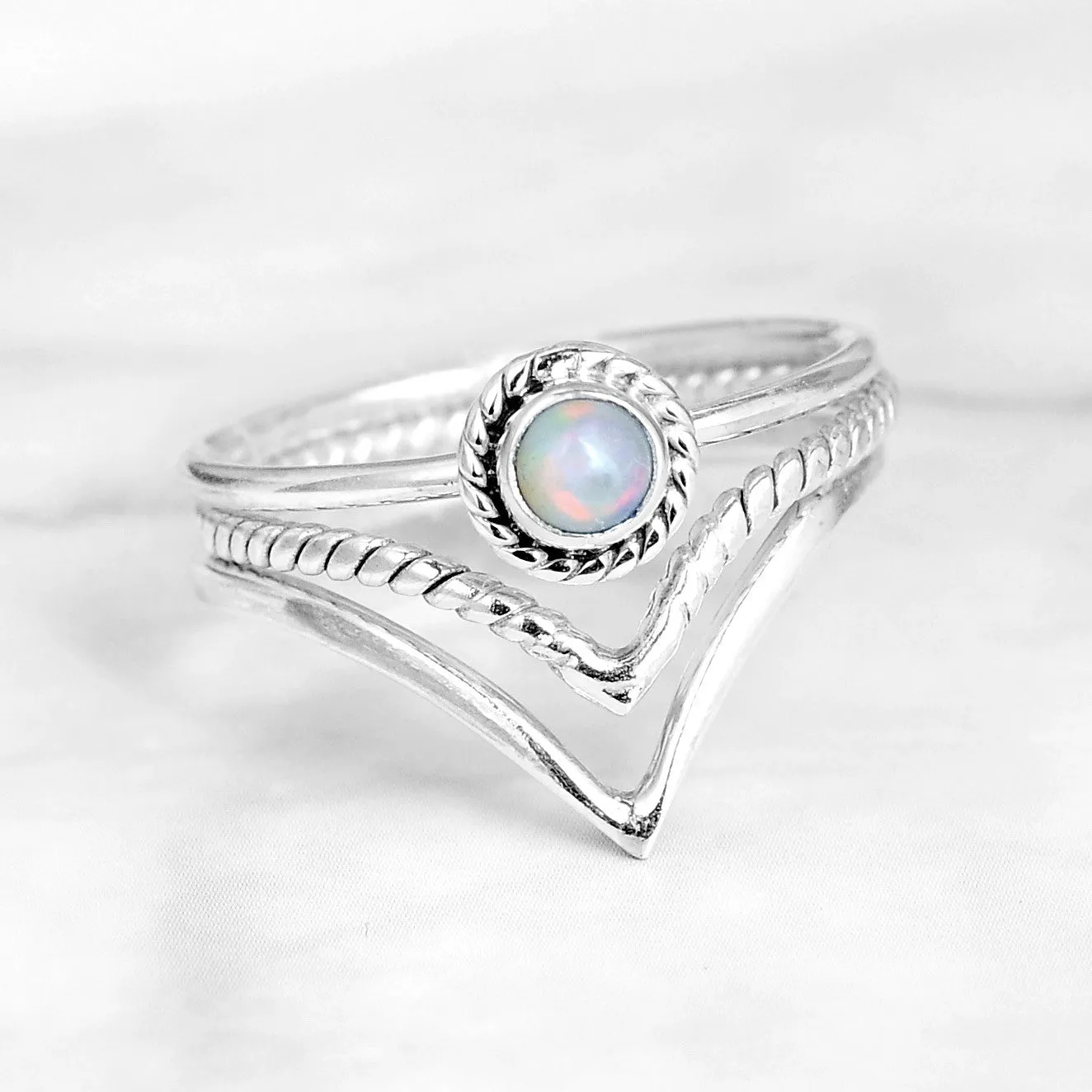 Sterling Silver Boho Opal Ring Set