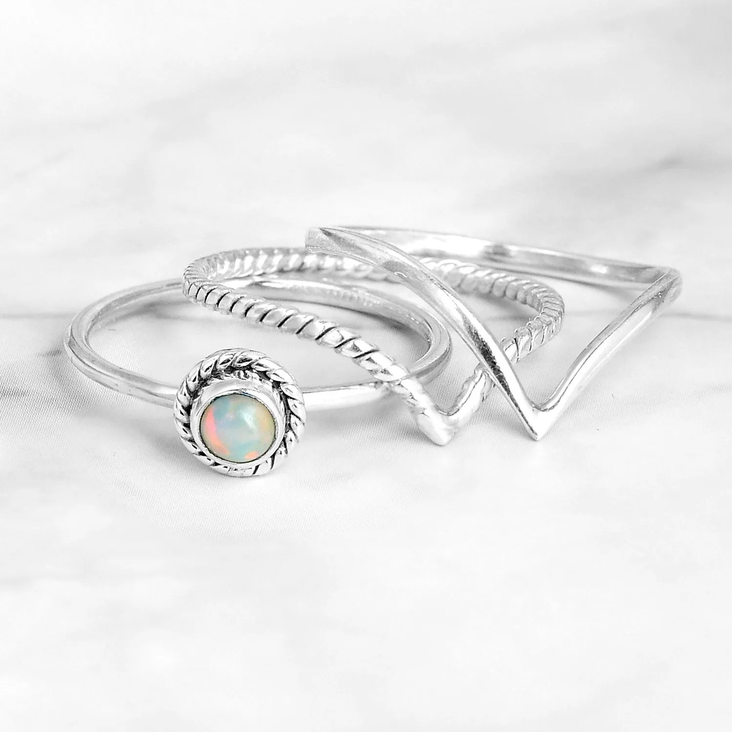 Sterling Silver Boho Opal Ring Set