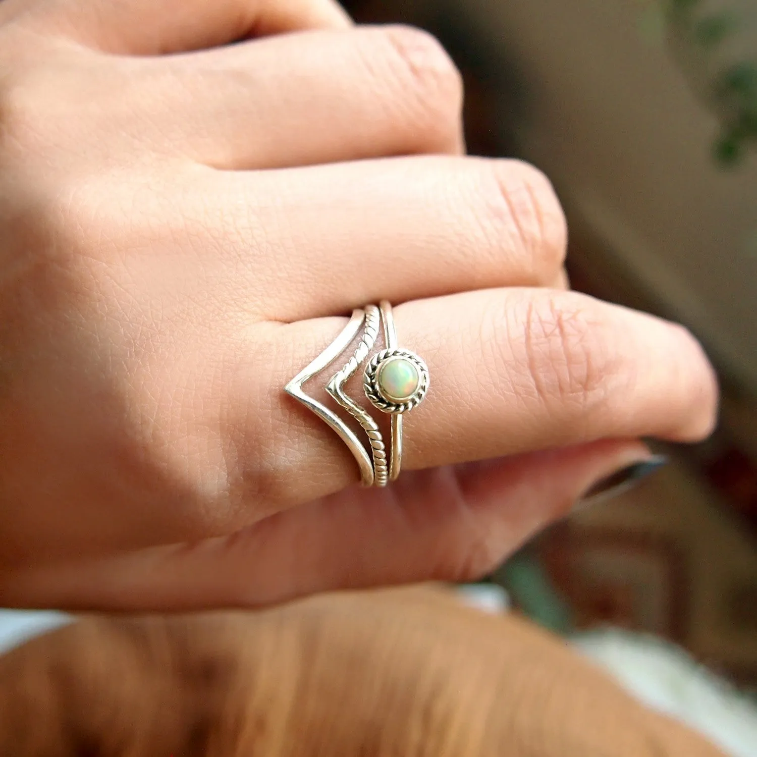 Sterling Silver Boho Opal Ring Set