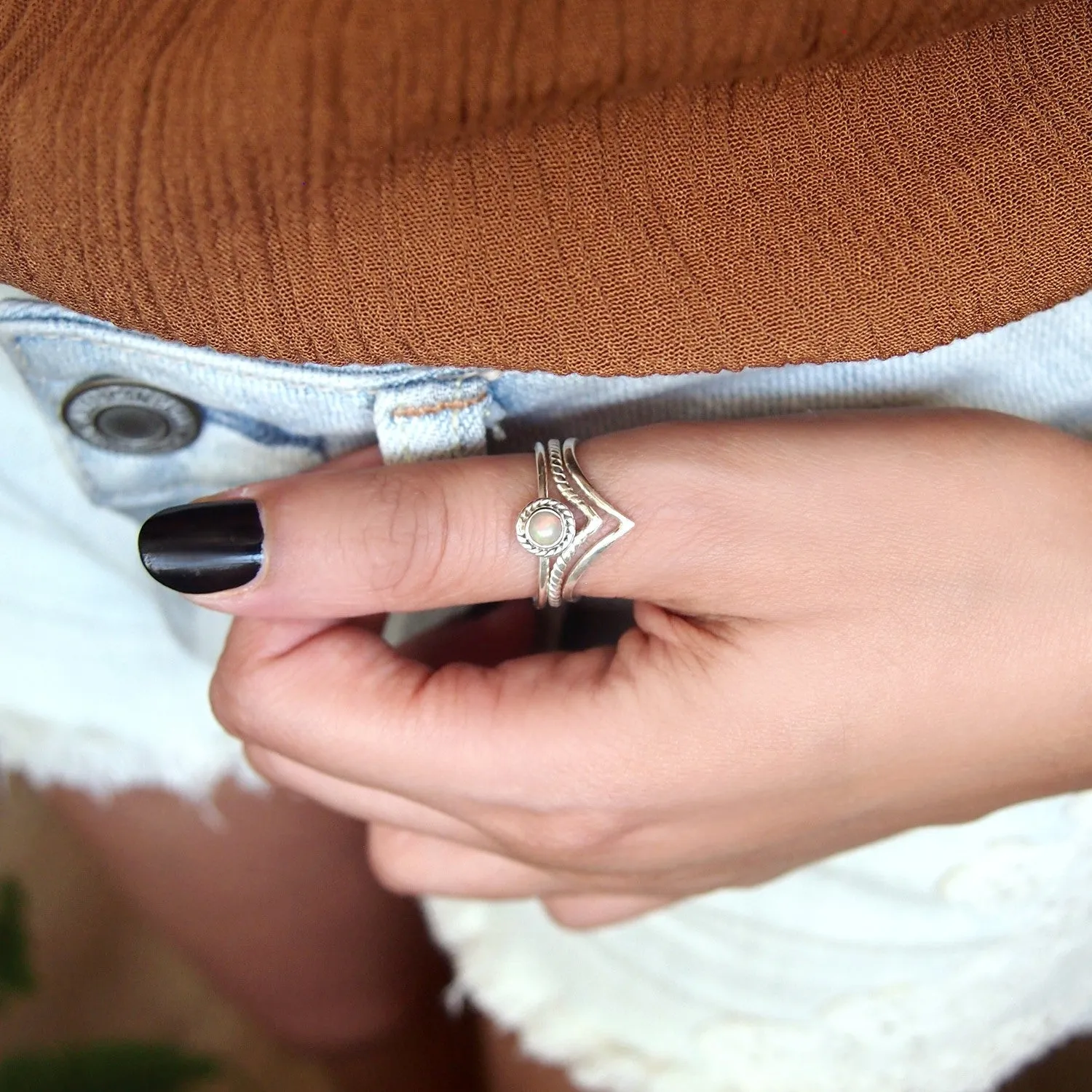 Sterling Silver Boho Opal Ring Set