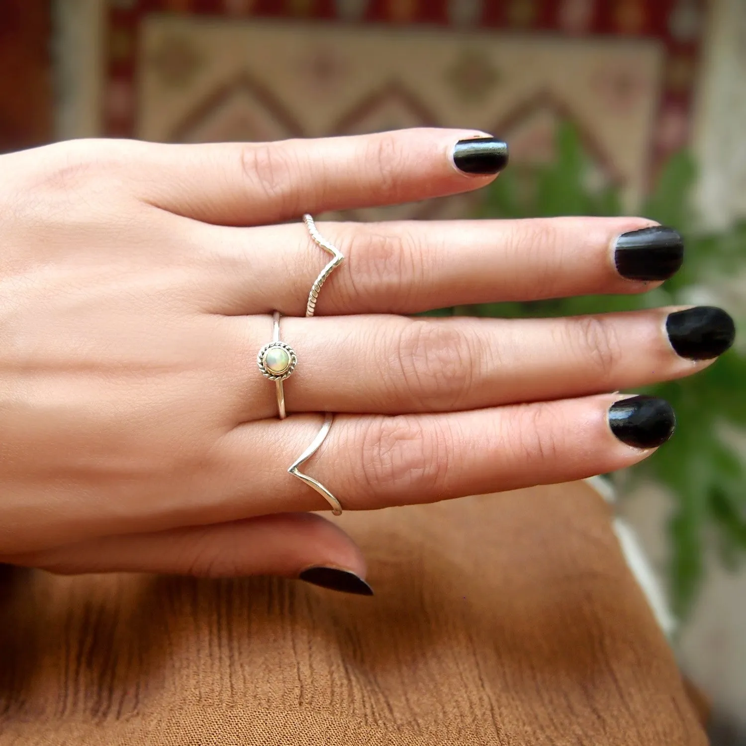 Sterling Silver Boho Opal Ring Set