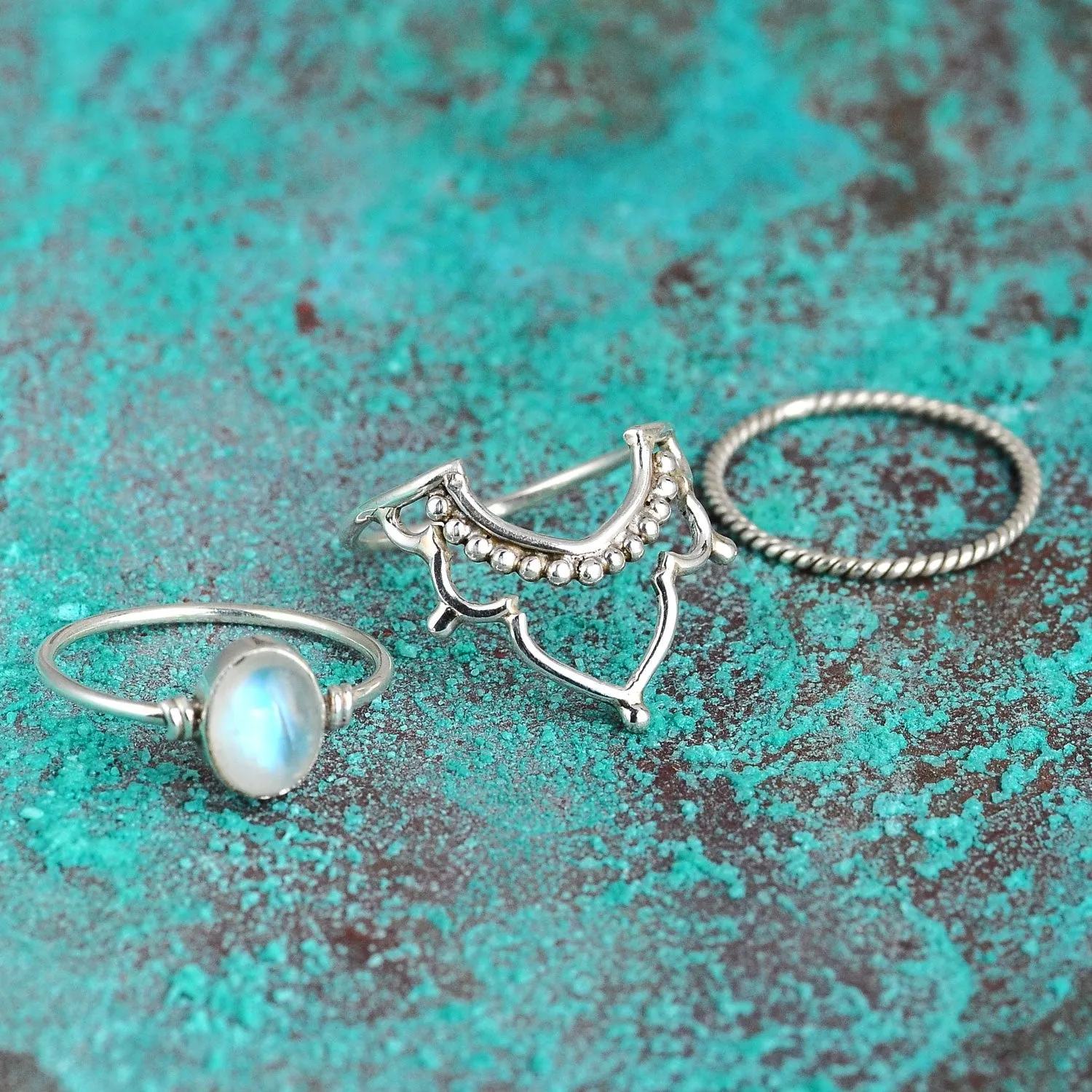 Sterling Silver Boho Ring Set with Rainbow Moonstone