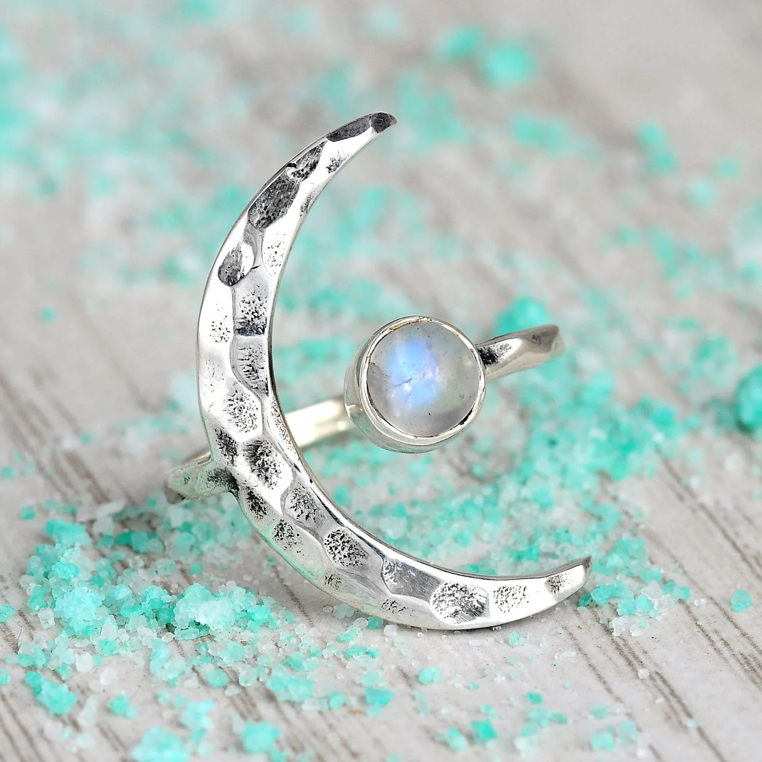 Sterling Silver Crescent Moon Ring with Moonstone