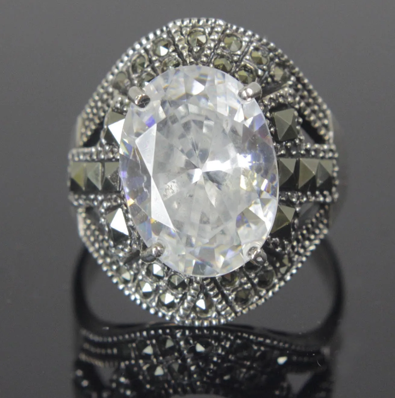 Sterling Silver Diamond CZ Marcasite Ring Size 9