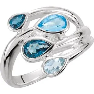 Sterling Silver Sky Blue Topaz, London Blue & Swiss Blue Bypass Ring