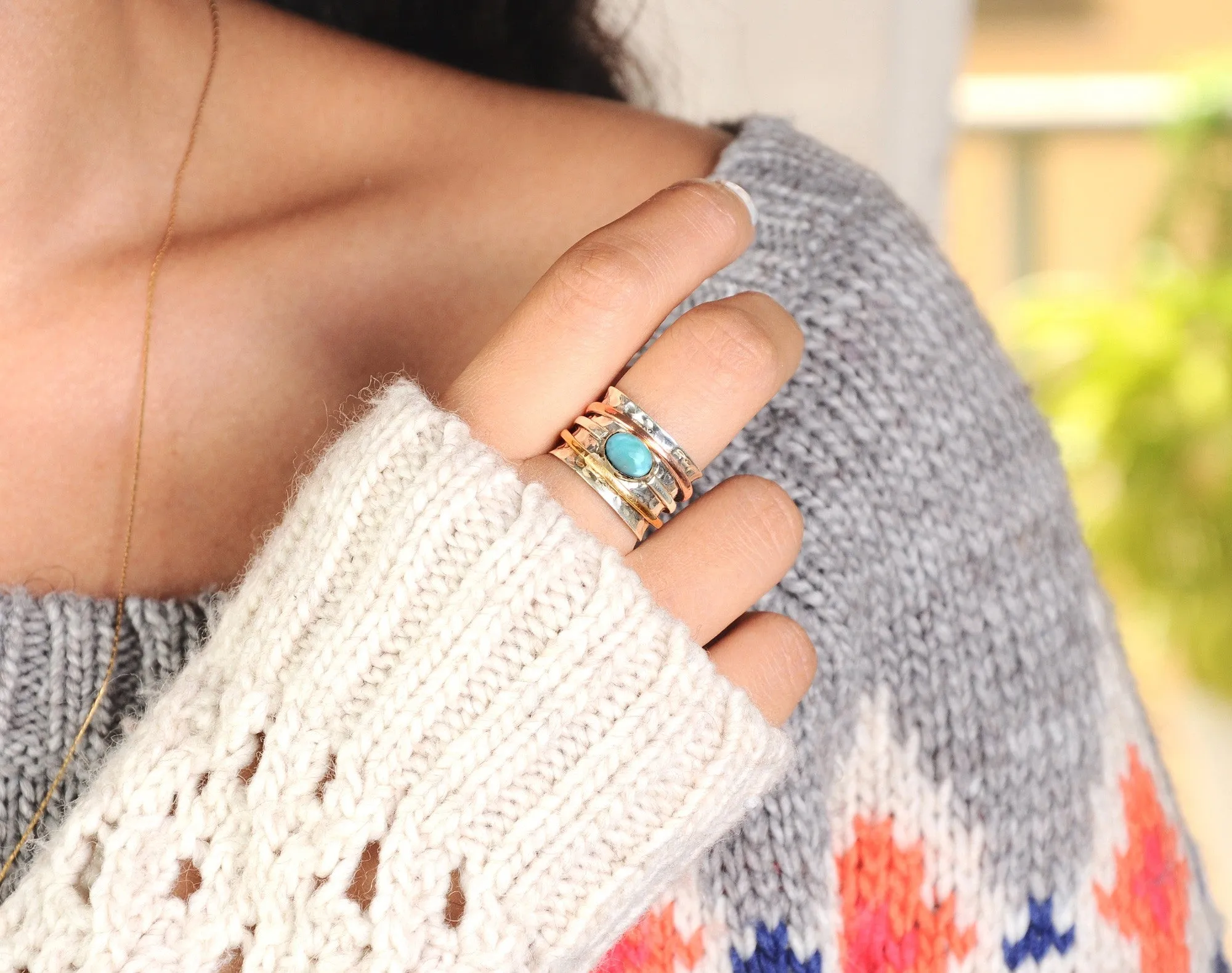 Sterling Silver Two Tone Spinner Larimar Ring