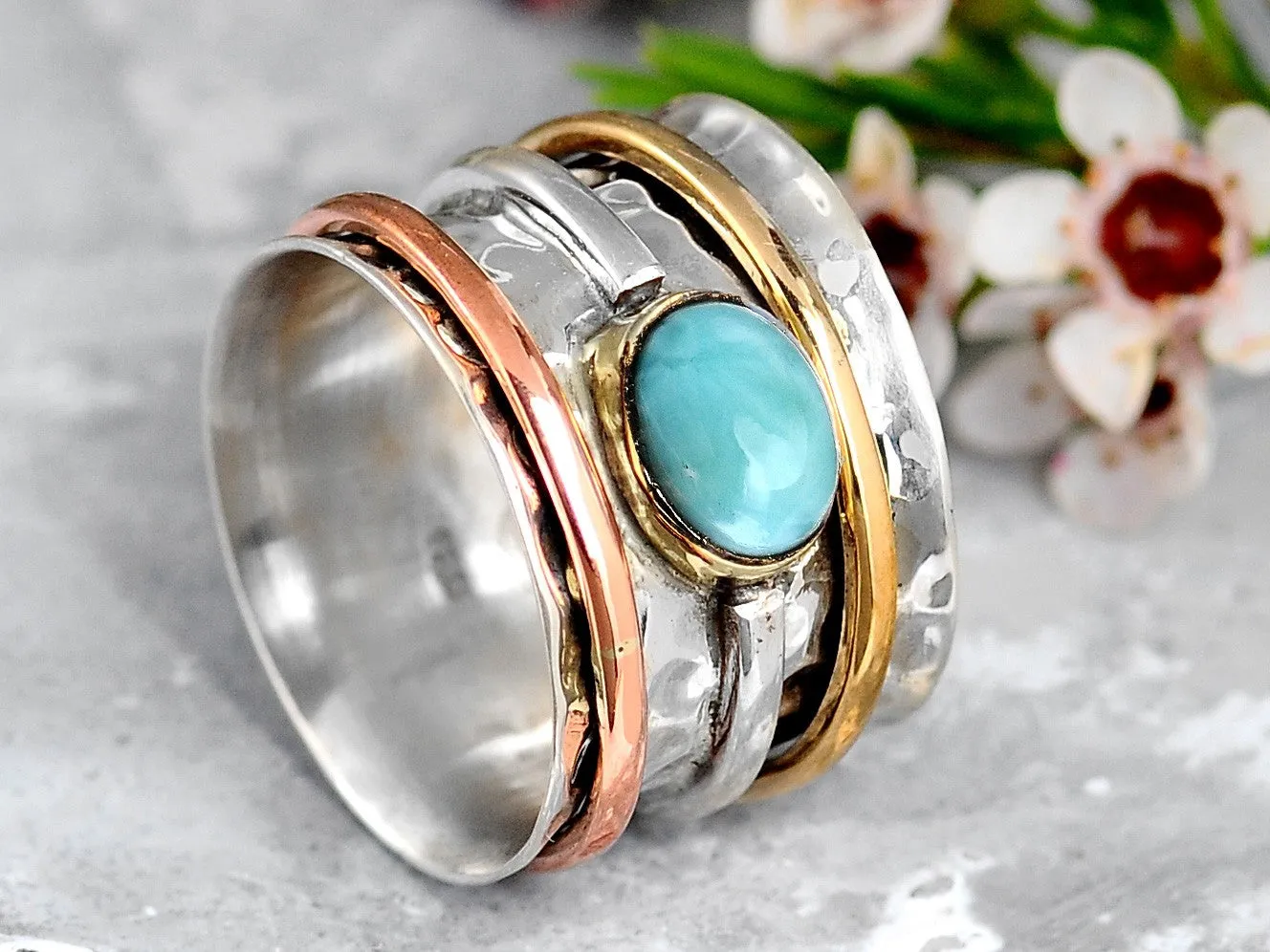 Sterling Silver Two Tone Spinner Larimar Ring