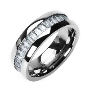 Stunning Mirror Polished Titanium Eternity Ring with 7 Carats in Emerald Cut CZs. Couple Ring