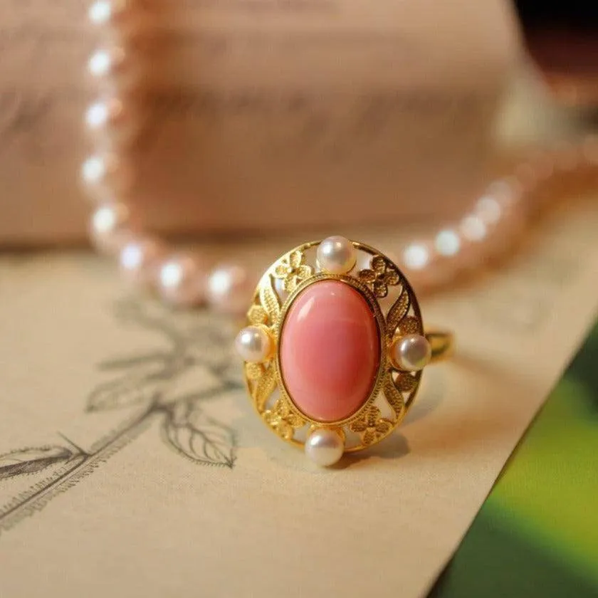 Stylish Pink Queen Conch Shell Pearls Ring Gold Vermeil
