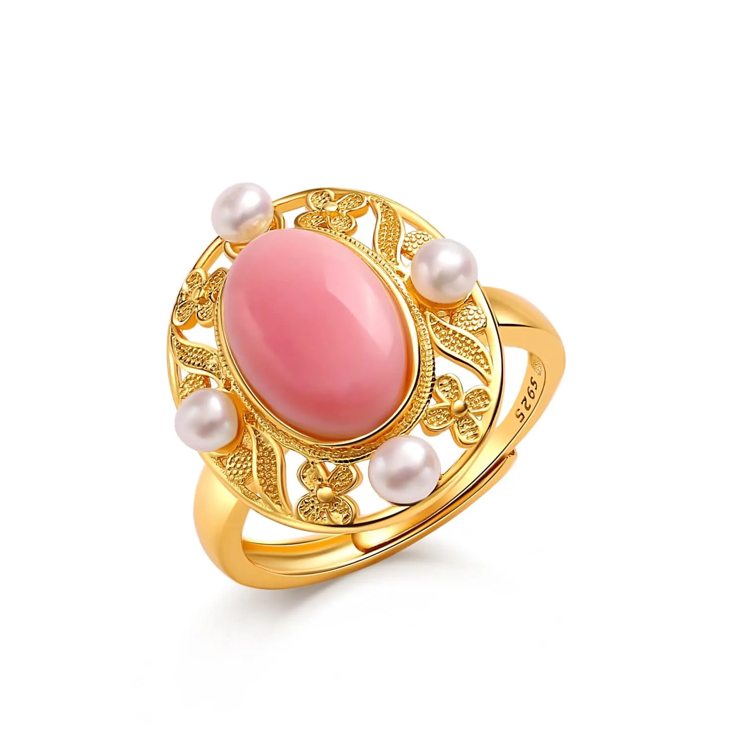 Stylish Pink Queen Conch Shell Pearls Ring Gold Vermeil