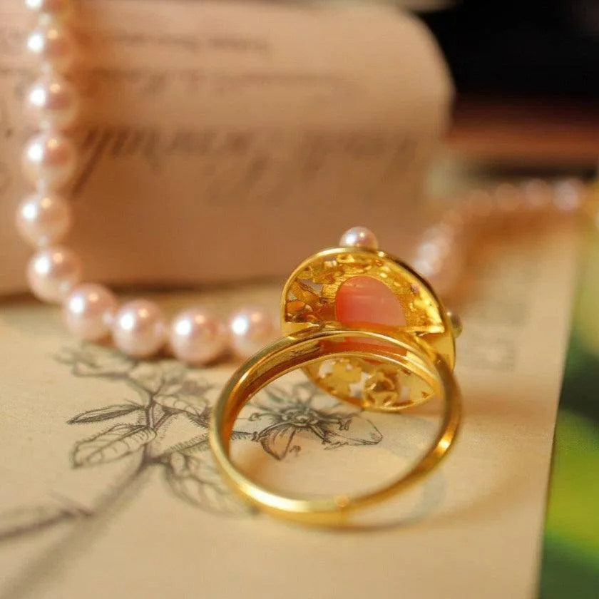 Stylish Pink Queen Conch Shell Pearls Ring Gold Vermeil