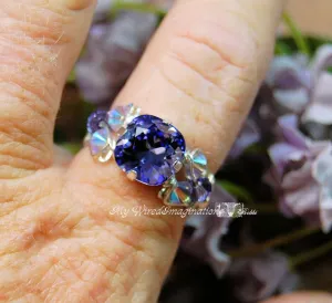 Swarovski Tanzanite Crystal Handmade Ring, December Birthstone, Sterling Silver, US Size 7