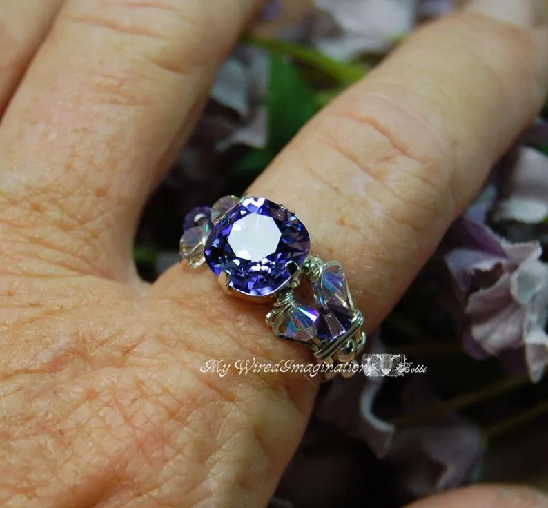 Swarovski Tanzanite Crystal Handmade Ring, December Birthstone, Sterling Silver, US Size 7