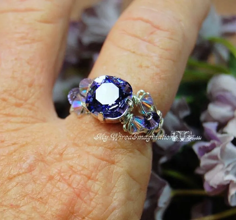 Swarovski Tanzanite Crystal Handmade Ring, December Birthstone, Sterling Silver, US Size 7