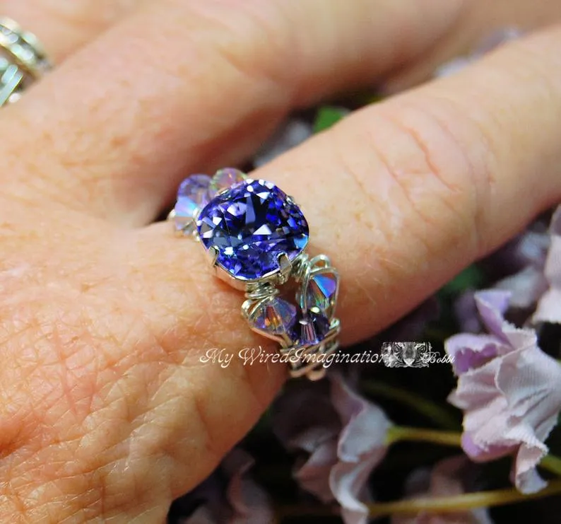 Swarovski Tanzanite Crystal Handmade Ring, December Birthstone, Sterling Silver, US Size 7
