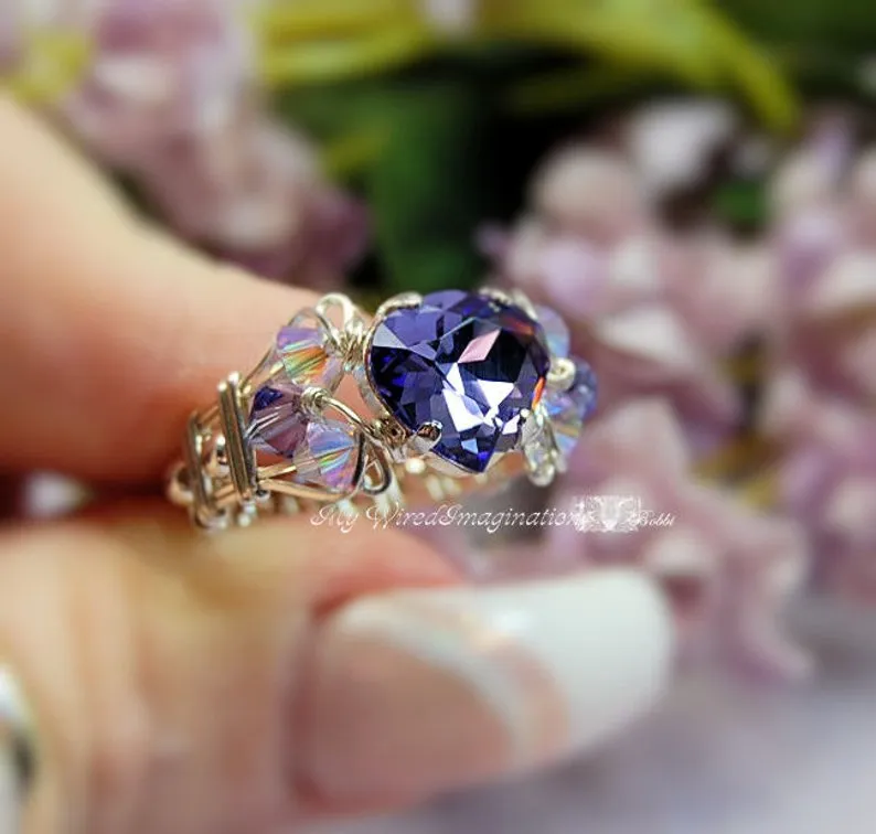 Tanzanite Swarovski Heart, Crystal Handmade Ring, Sterling Silver, US Size 9.5