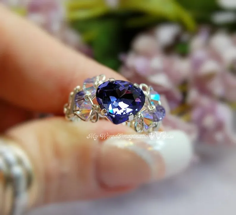 Tanzanite Swarovski Heart, Crystal Handmade Ring, Sterling Silver, US Size 9.5