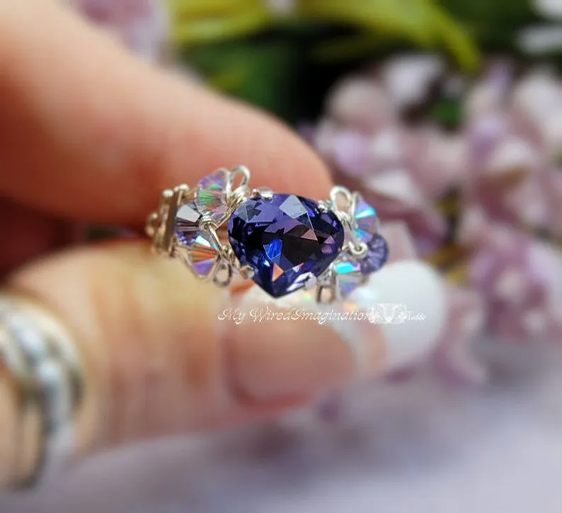 Tanzanite Swarovski Heart, Crystal Handmade Ring, Sterling Silver, US Size 9.5