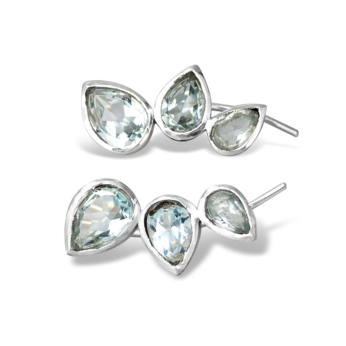 Teardrop Aquamarine Ear Climber Earrings Sterling Silver
