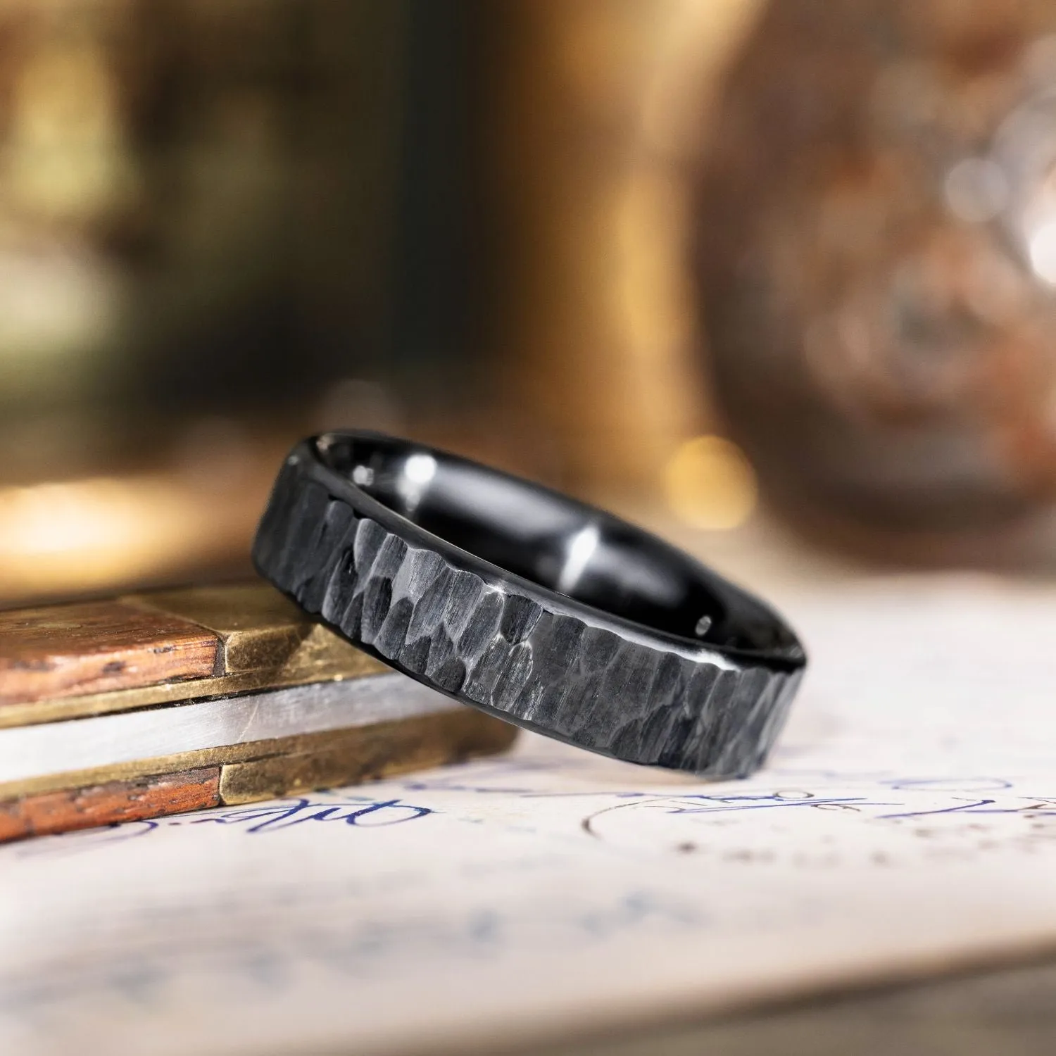 The Alder Noir | Men's Tree Bark Textured Black Titanium Wedding Band