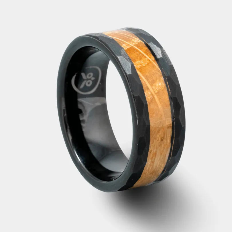 The Bourbon - Whiskey Barrel Men's Tungsten Ring (Hammered)