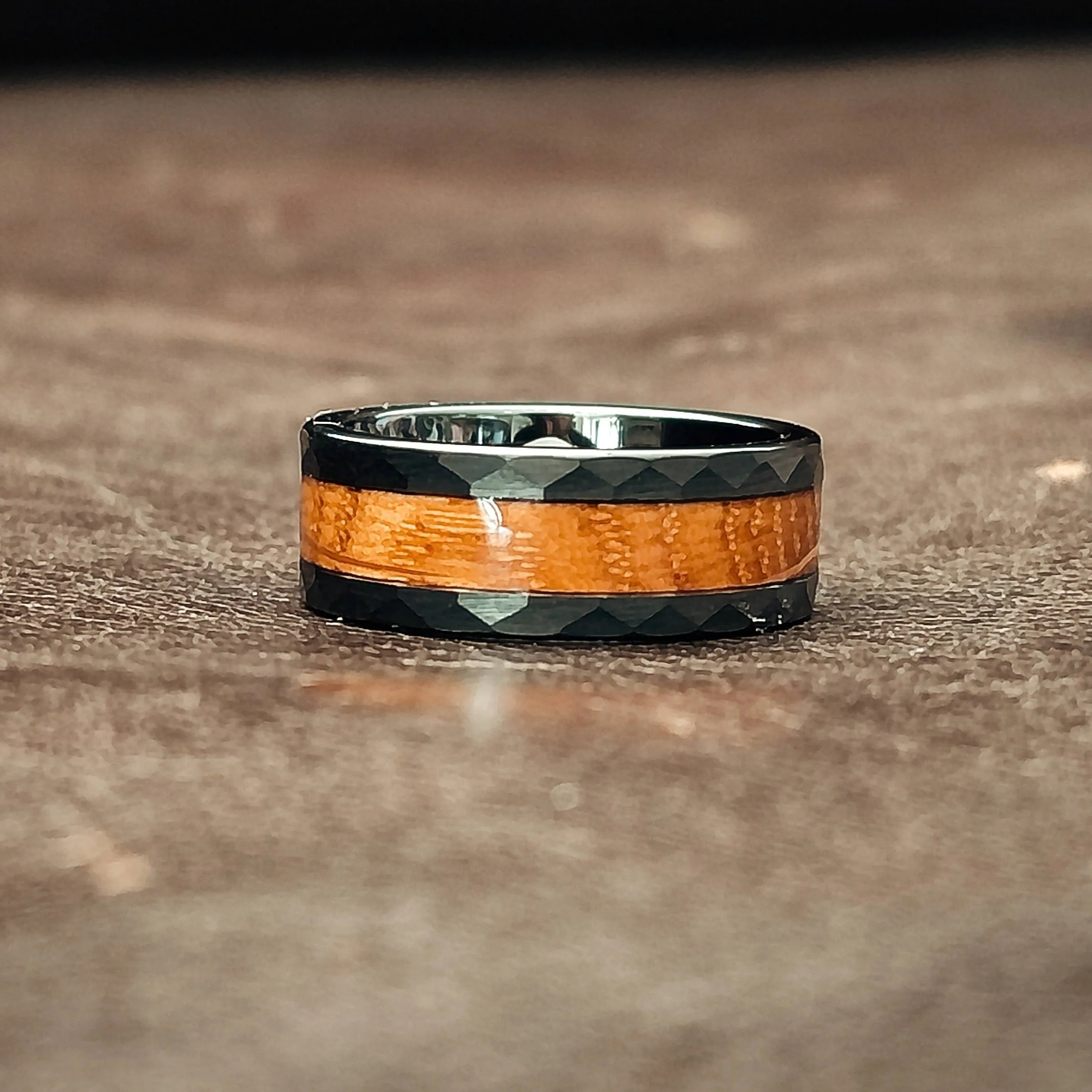 The Bourbon - Whiskey Barrel Men's Tungsten Ring (Hammered)