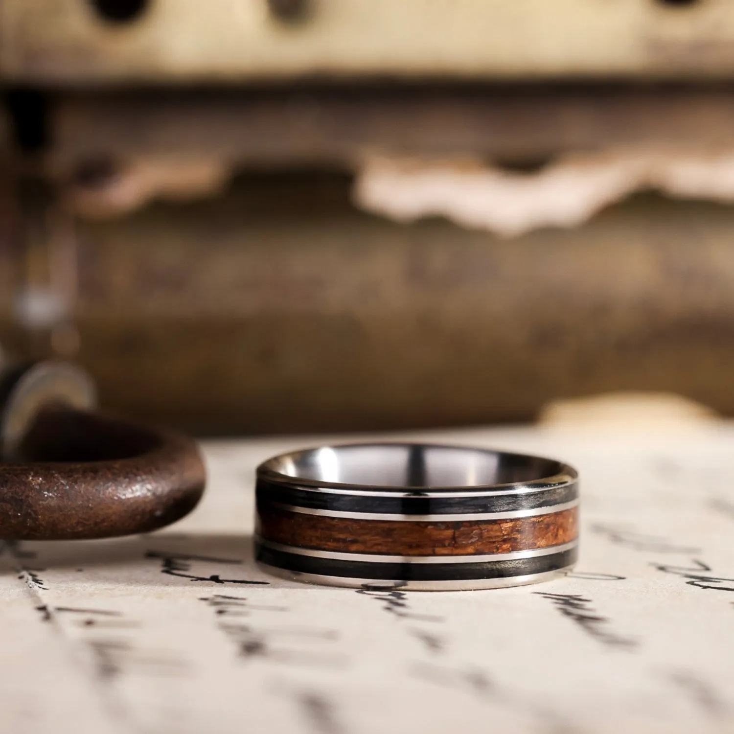 The Captain | Men's Titanium Wedding Band with Whiskey Barrel and Teak Wood Inlays