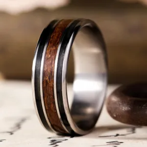 The Captain | Men's Titanium Wedding Band with Whiskey Barrel and Teak Wood Inlays