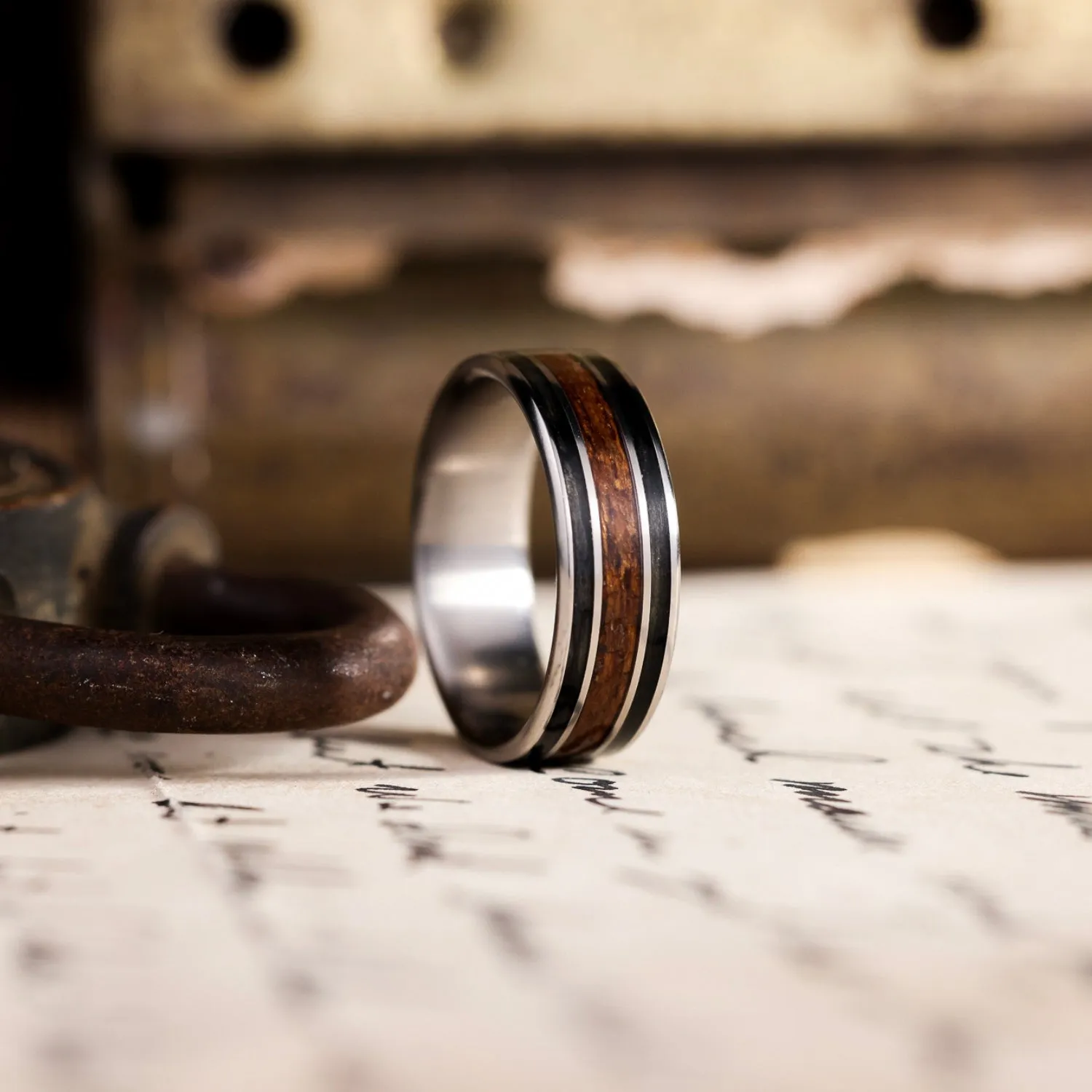 The Captain | Men's Titanium Wedding Band with Whiskey Barrel and Teak Wood Inlays