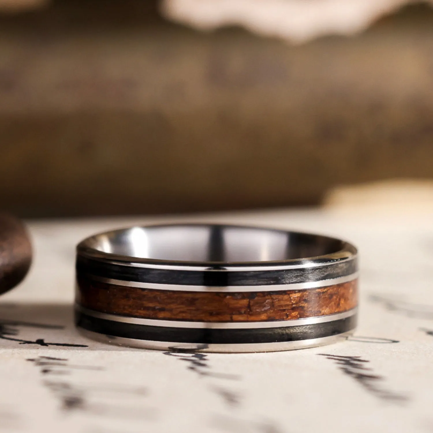 The Captain | Men's Titanium Wedding Band with Whiskey Barrel and Teak Wood Inlays