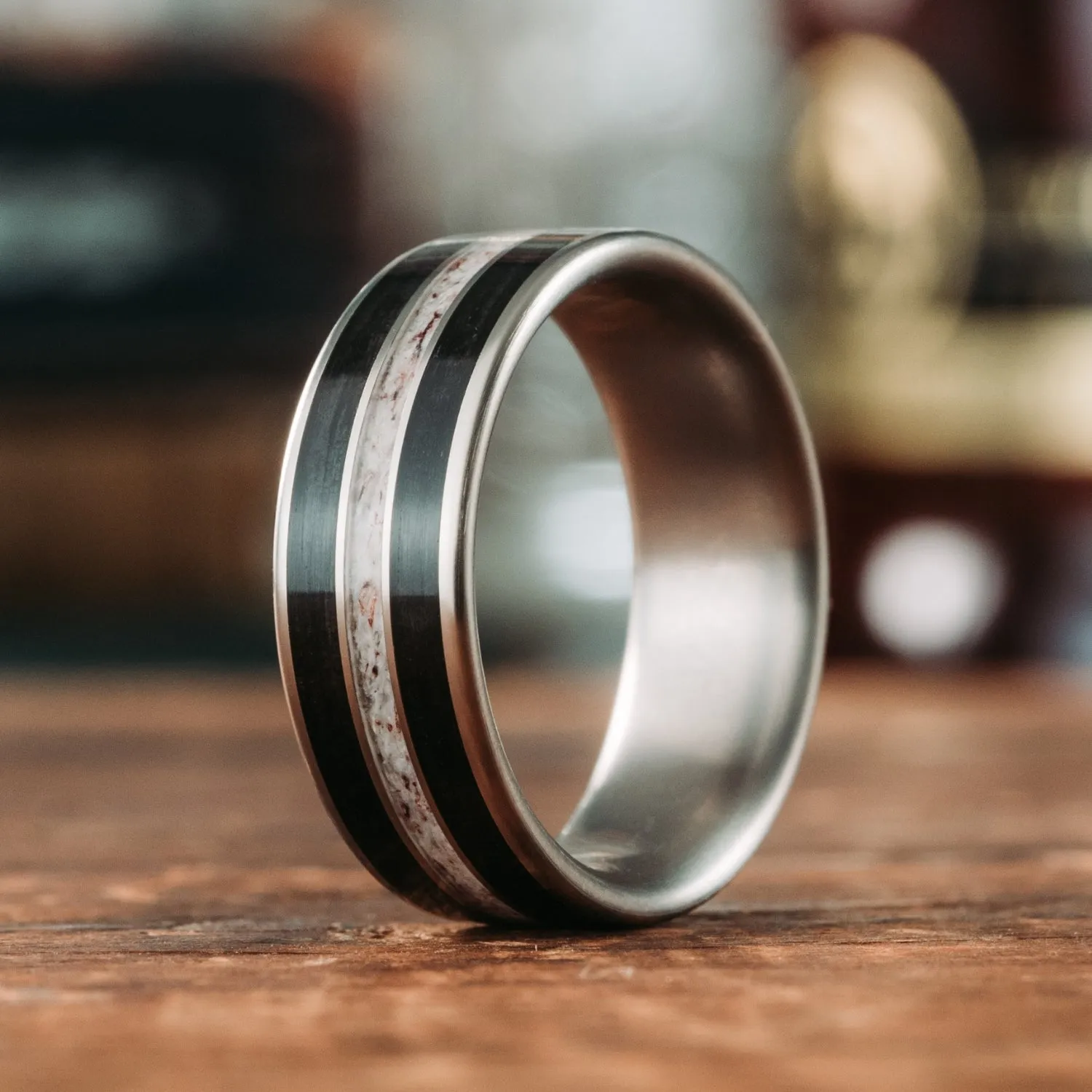 The Frontiersman | Men's Titanium Wedding Band with Whiskey Barrel & Elk Antler
