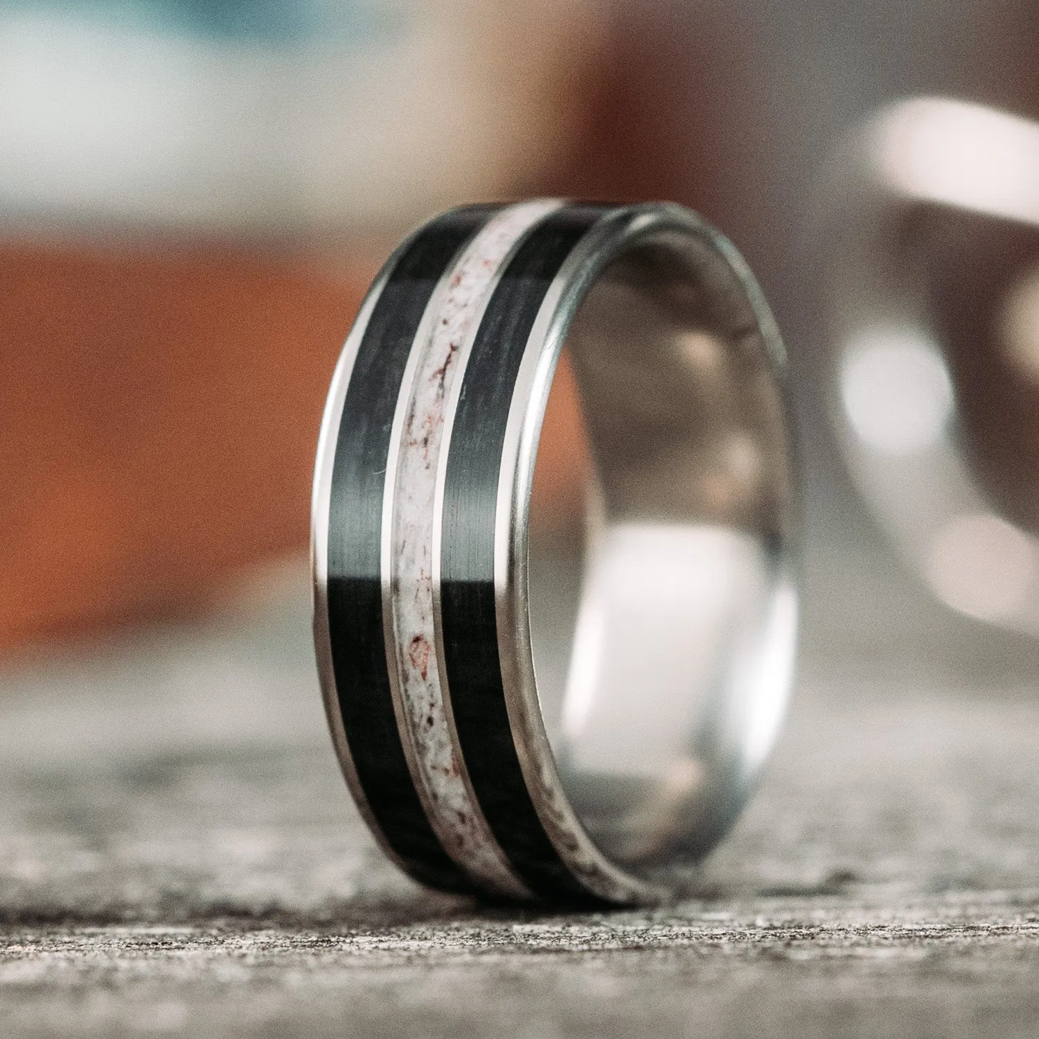 The Frontiersman | Men's Titanium Wedding Band with Whiskey Barrel & Elk Antler
