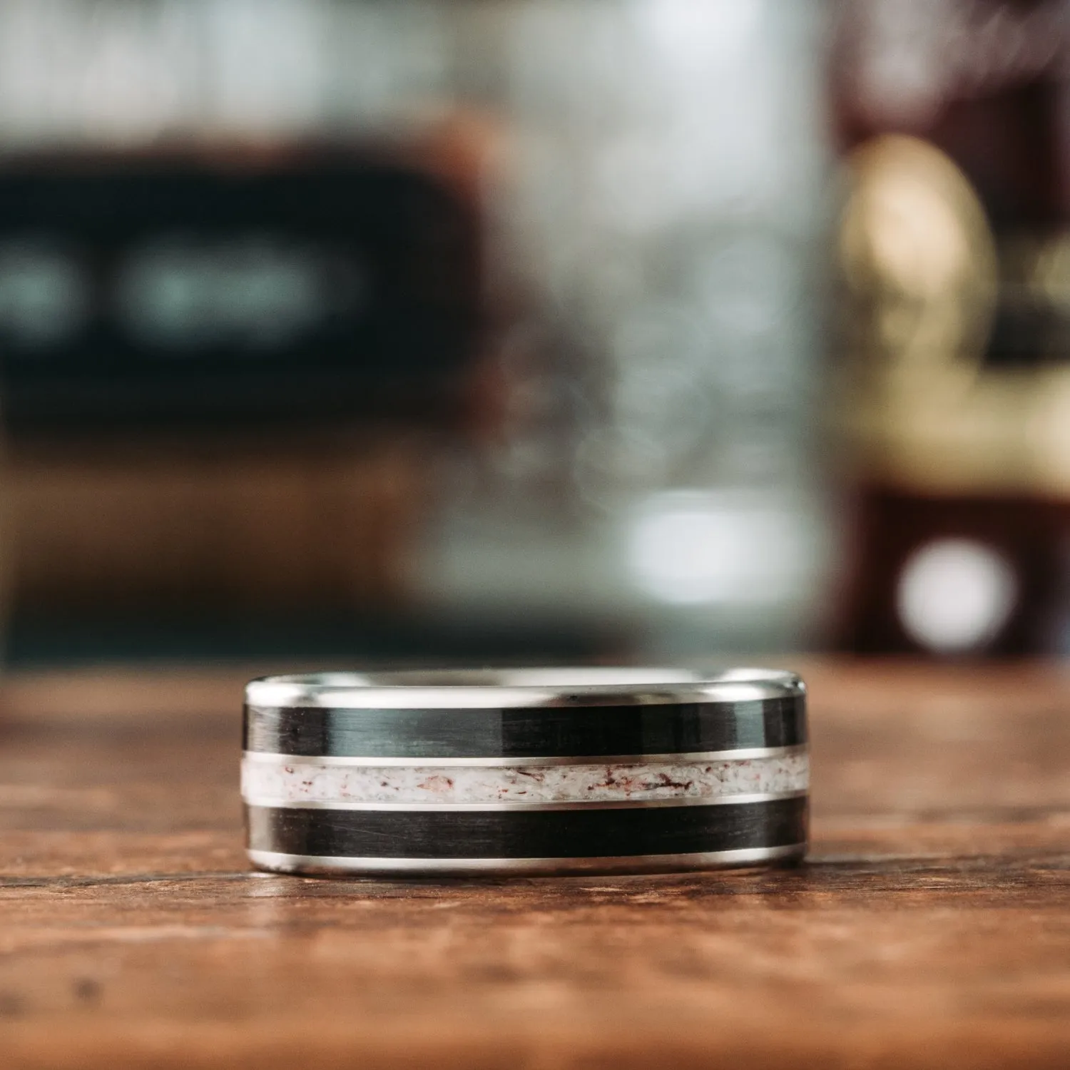 The Frontiersman | Men's Titanium Wedding Band with Whiskey Barrel & Elk Antler