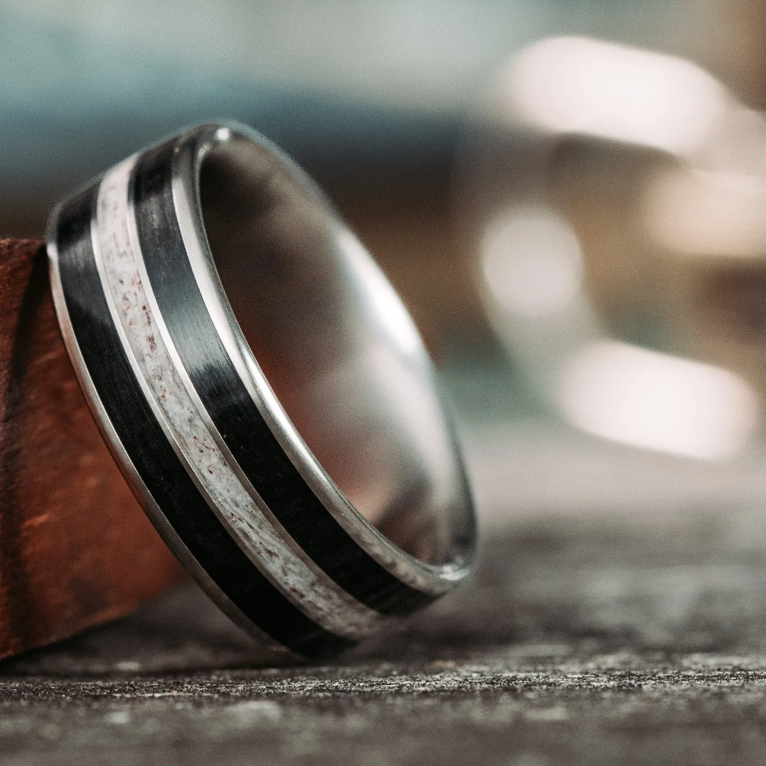 The Frontiersman | Men's Titanium Wedding Band with Whiskey Barrel & Elk Antler