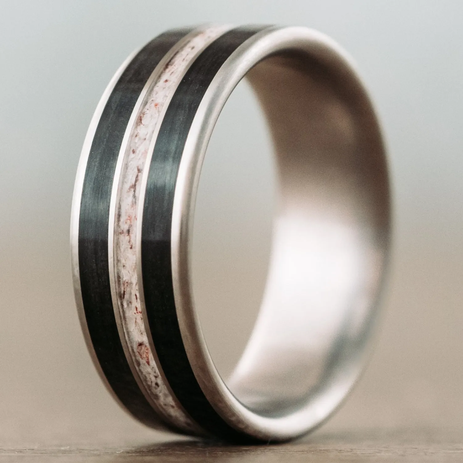 The Frontiersman | Men's Titanium Wedding Band with Whiskey Barrel & Elk Antler