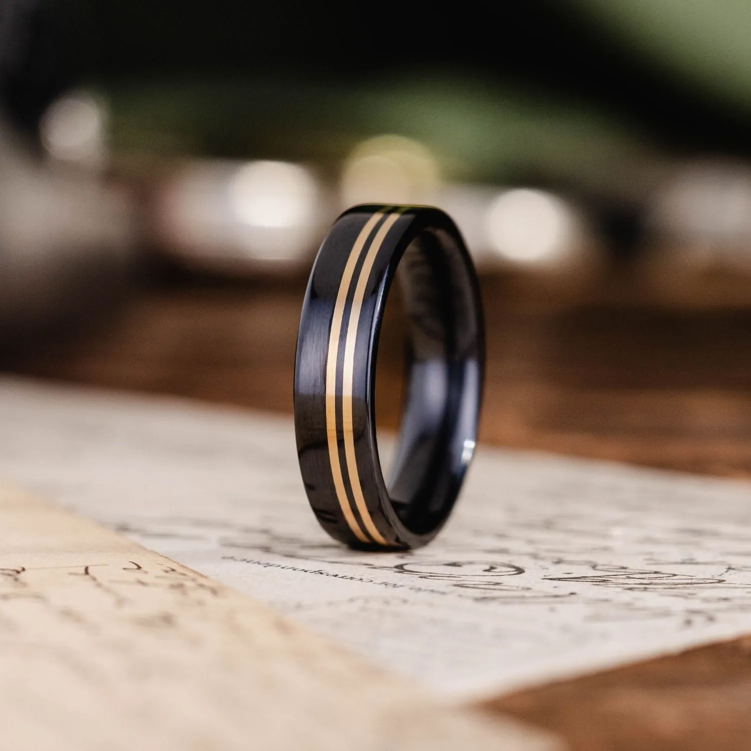 The Titan Noir | Men's Black Titanium Wedding Band with Dual Offset Metal Inlays