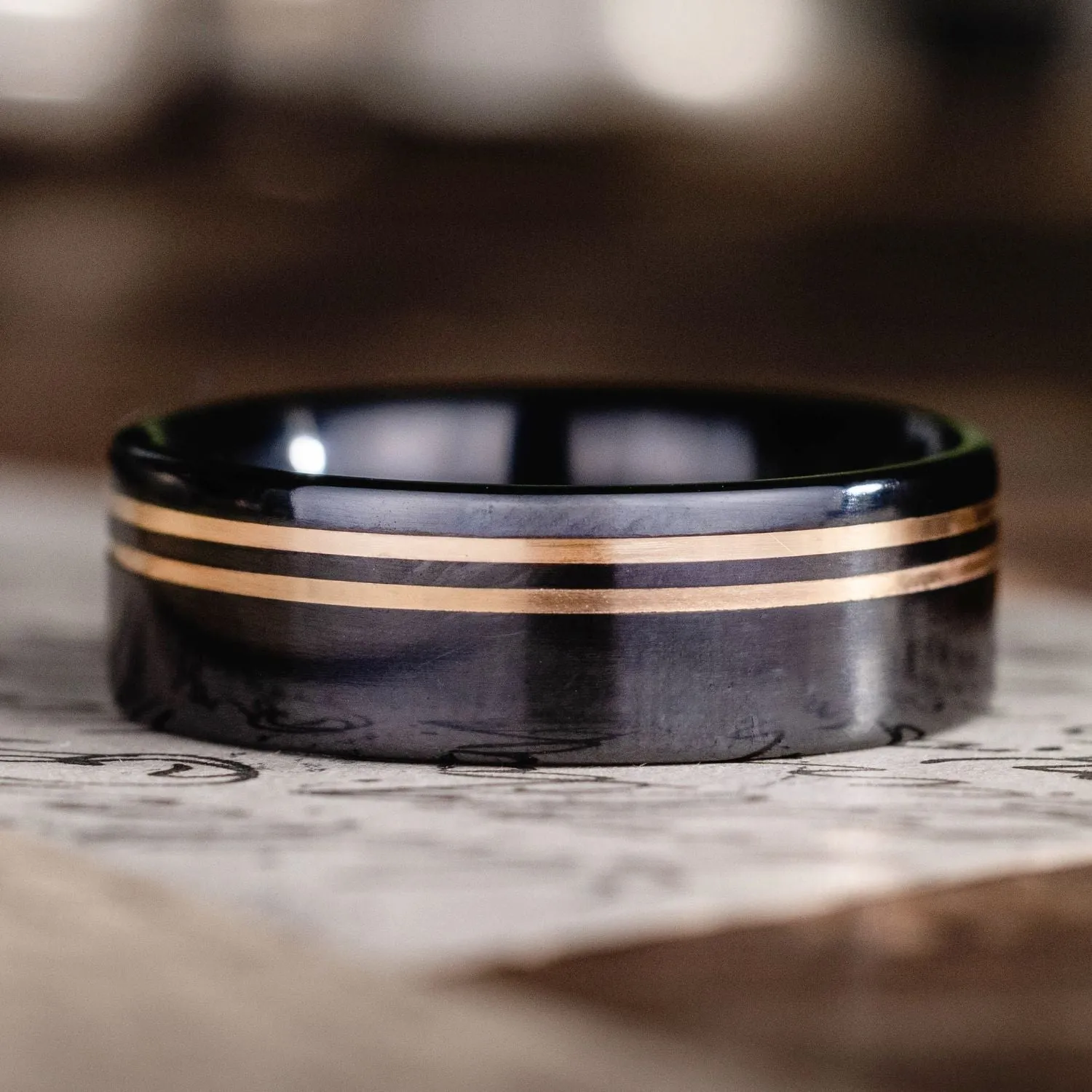The Titan Noir | Men's Black Titanium Wedding Band with Dual Offset Metal Inlays