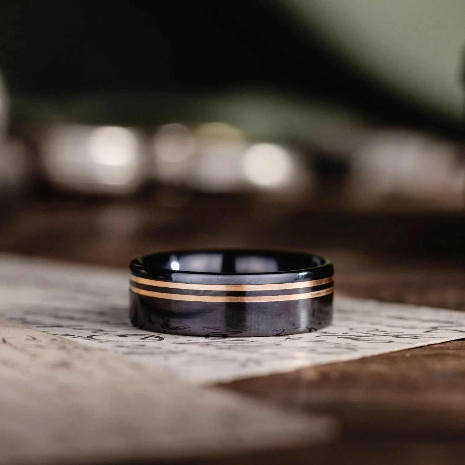 The Titan Noir | Men's Black Titanium Wedding Band with Dual Offset Metal Inlays