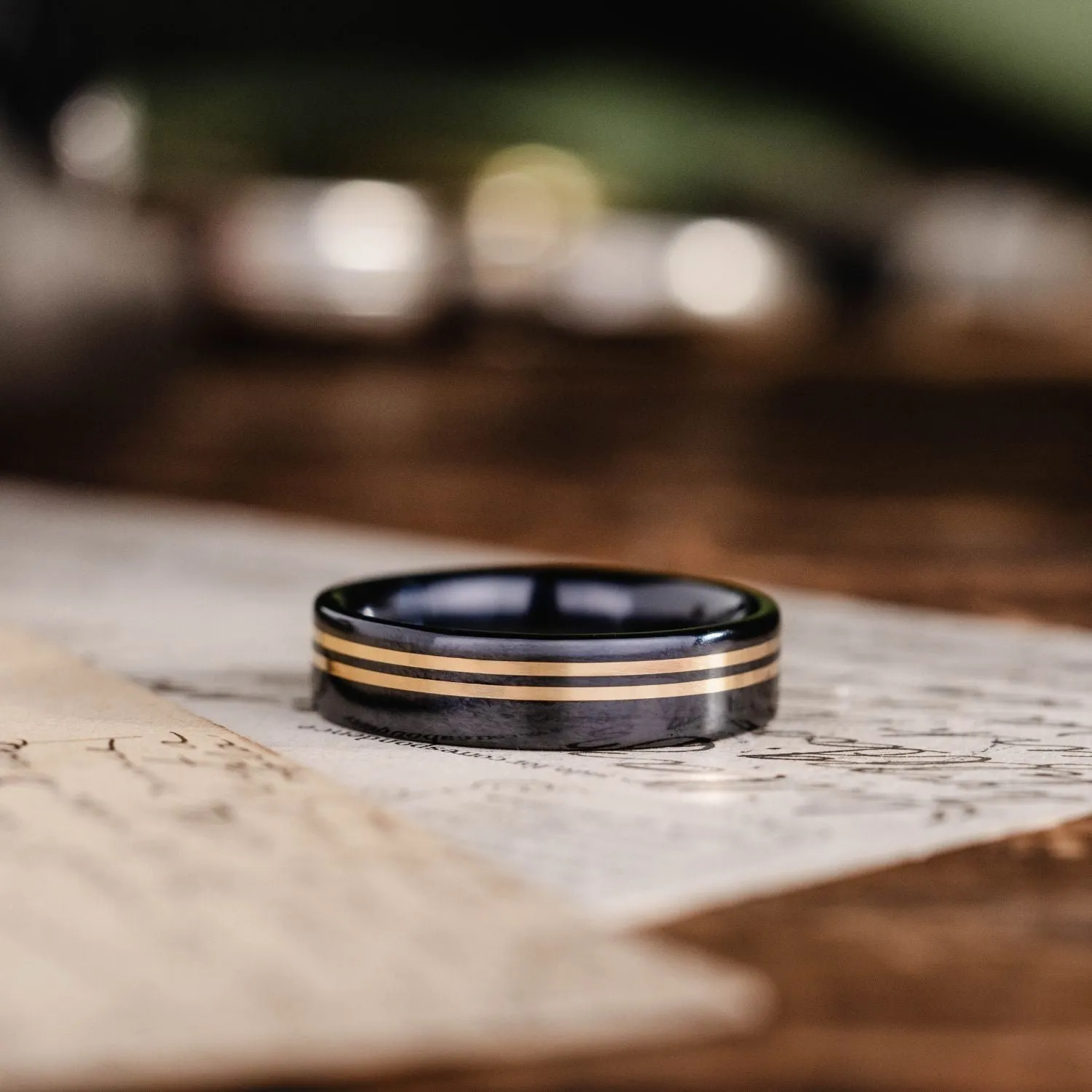 The Titan Noir | Men's Black Titanium Wedding Band with Dual Offset Metal Inlays
