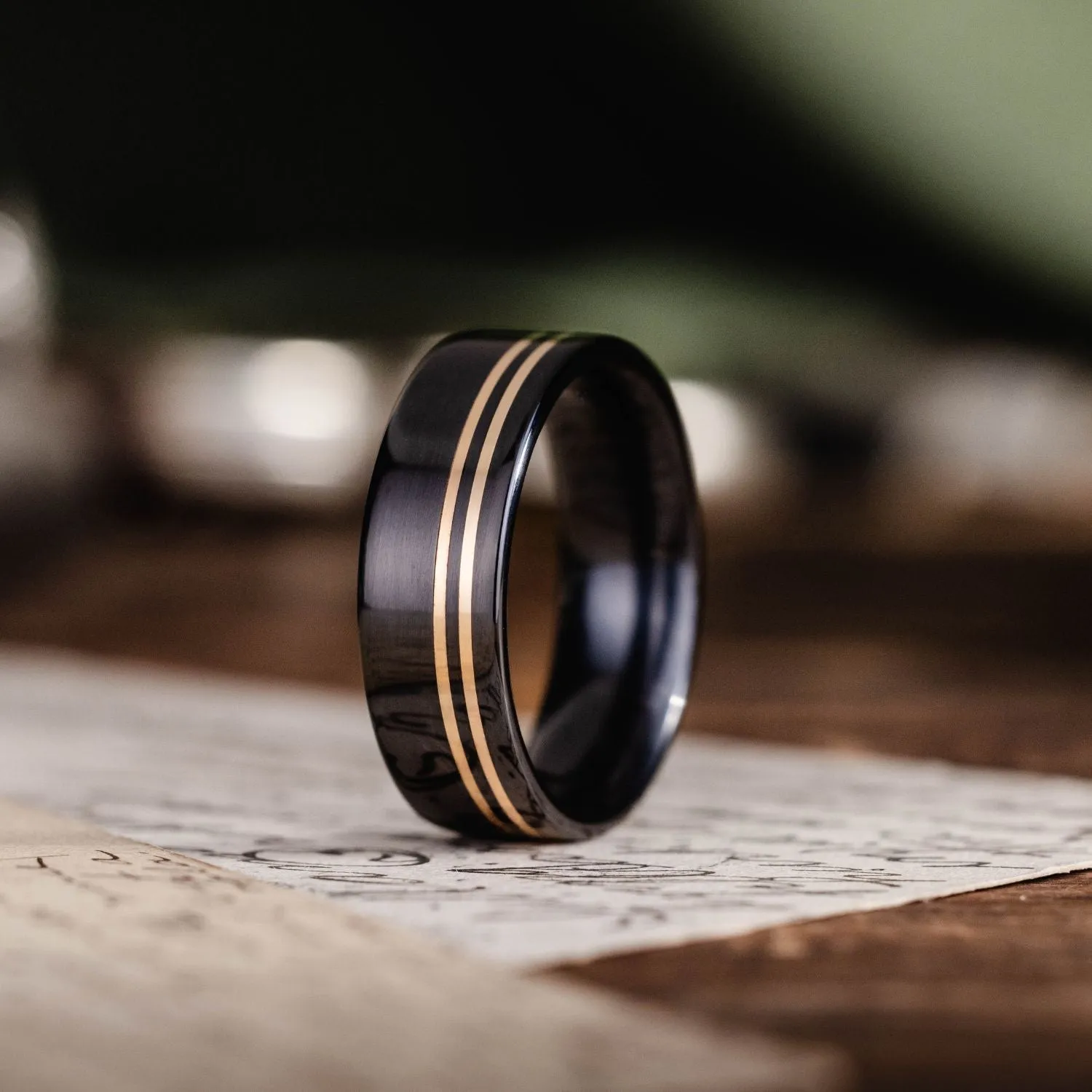 The Titan Noir | Men's Black Titanium Wedding Band with Dual Offset Metal Inlays